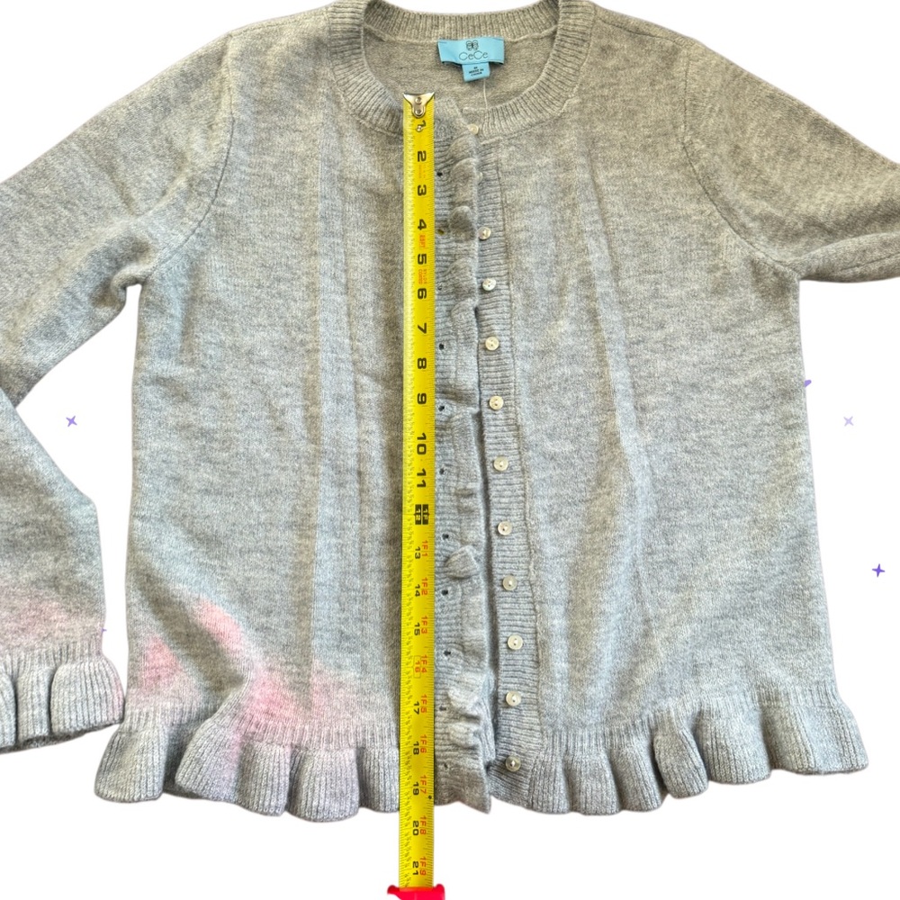 🌟CeCe Light Gray Ruffle Hem Coquette Style Button Up Cardigan Sweater - Picture 6 of 6